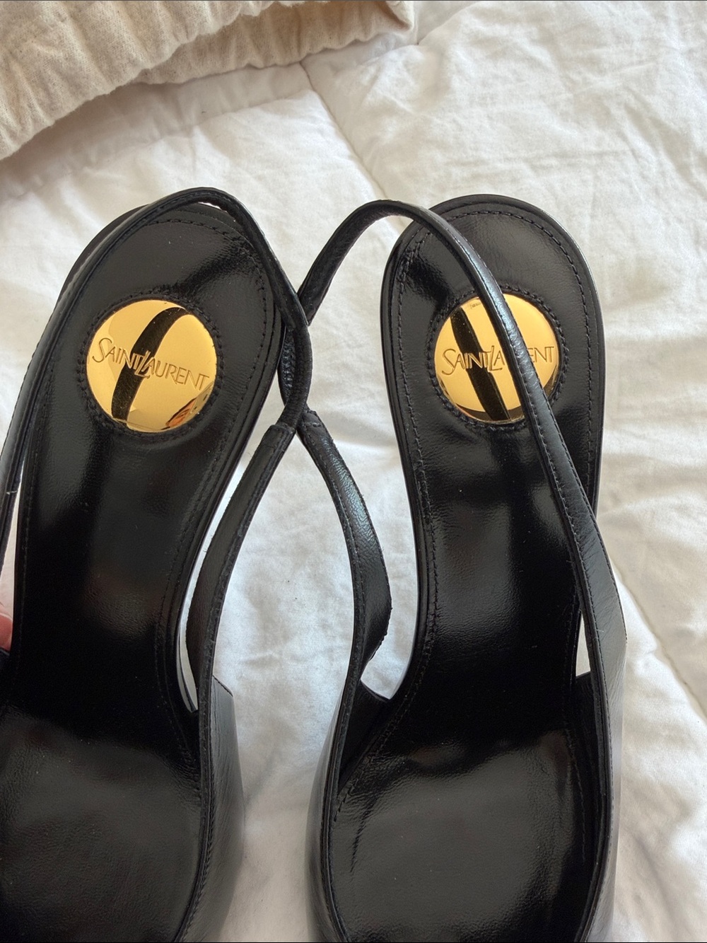 Saint Laurent Black Leather Pointed Slingback Pumps with Gold YSL Charm - Picture 6 of 7